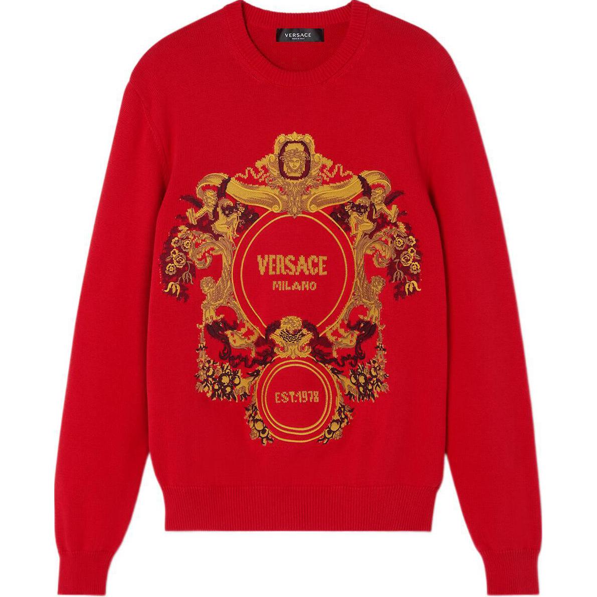 VERSACE FW22  Red Pattern Jacquard Embroidered Knit Sweater Long Sleeve 1007982-1A05696-1R780