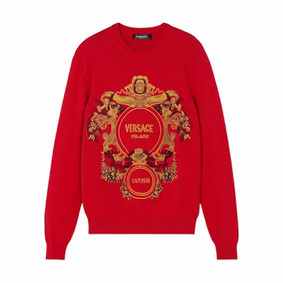 VERSACE FW22 Red Pattern Jacquard Embroidered Knit Sweater Long Sleeve 1007982-1A05696-1R780