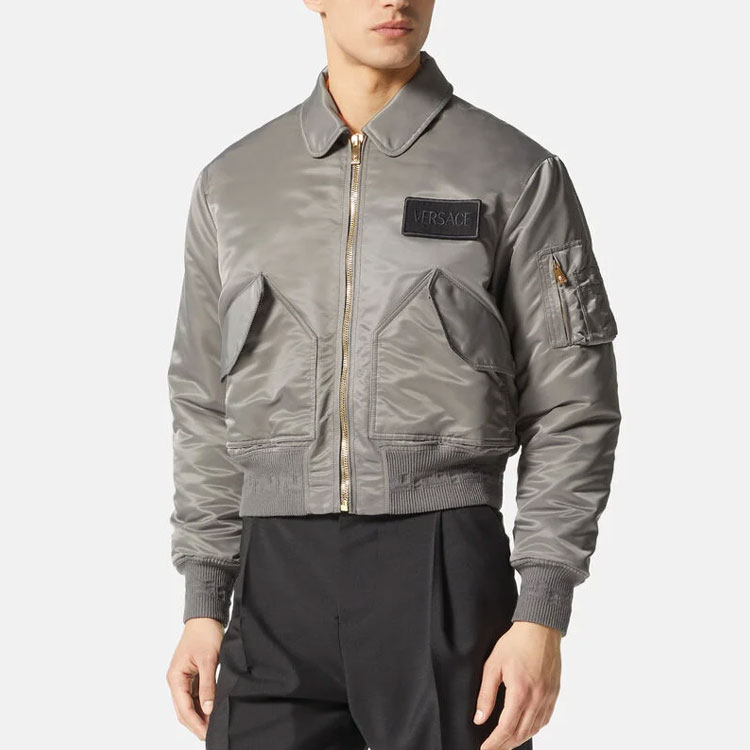 Lookbook VERSACE FW22  Solid Color Patch Bomber Jacket in Gray 1006698-1A04656-1E460