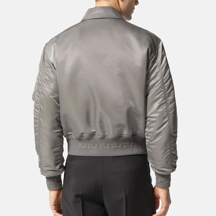 Shop VERSACE FW22  Solid Color Patch Bomber Jacket in Gray 1006698-1A04656-1E460