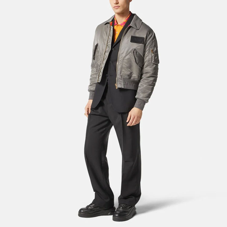 Purchase VERSACE FW22  Solid Color Patch Bomber Jacket in Gray 1006698-1A04656-1E460