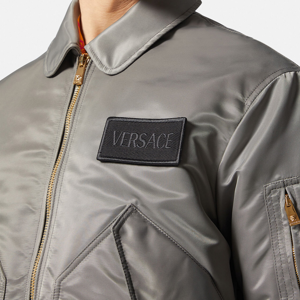 Details for VERSACE FW22  Solid Color Patch Bomber Jacket in Gray 1006698-1A04656-1E460