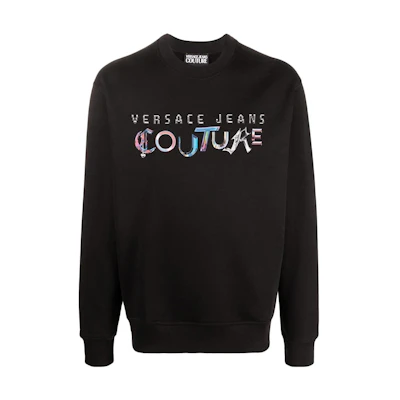 VERSACE FW22 Asymmetric Logo Print Relaxed Fit Long Sleeve Sweatshirt Black Men 73GAIF05CF00F22-899