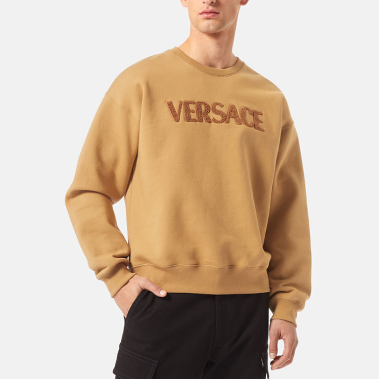Shop Versace FW22 Brown Logo Sweater Crewneck Bordir. 1006502-1A04511-1N700