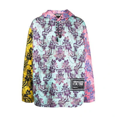 Versace FW22 Colorblock Floral Print Pullover Hoodie Multicolor 73GAI304-FS043-132