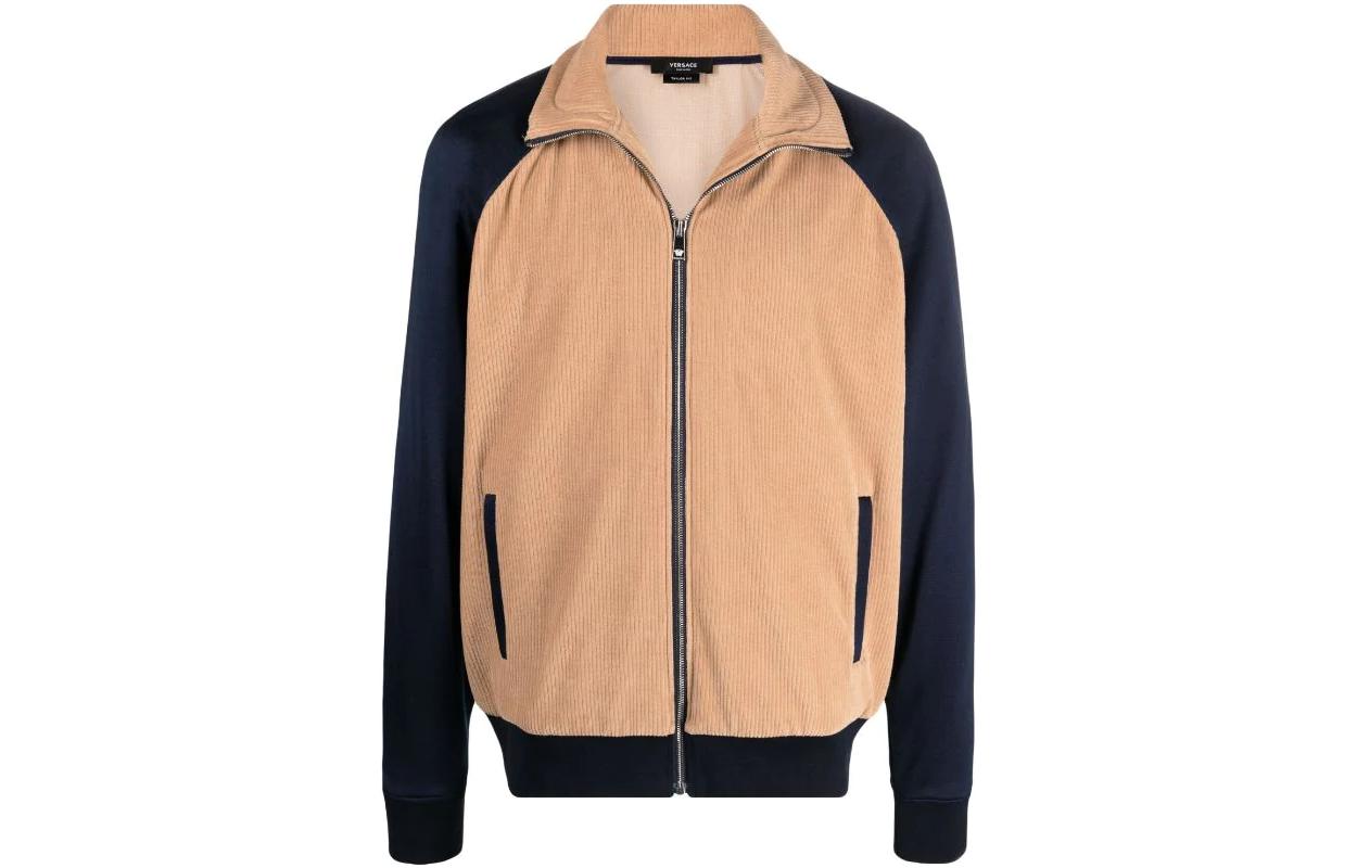 VERSACE FW22 Colorblock Logo Embroidered Zip Jacket Brown  Back to School. 1002913-1A02102-2U850