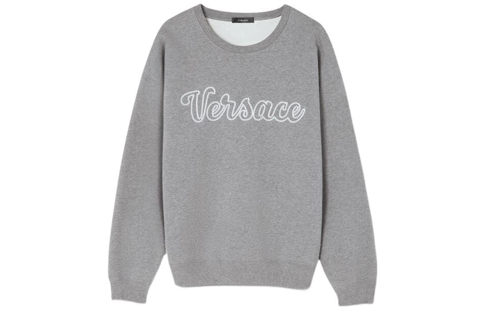 VERSACE FW22 Letter Logo Embroidered Crewneck Sweatshirt Men’s Grey. 1008658-1A06210-1E100
