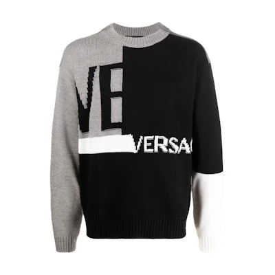 VERSACE FW22 Logo Intarsia Crewneck Wool Sweater Black 1005715-1A04088-2B070