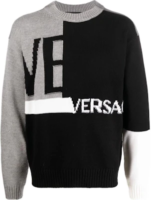 VERSACE FW22 Logo Intarsia Crewneck Sweater Wol Hitam 1005715-1A04088-2B070 Order VERSACE FW22 Logo Intarsia Crewneck Sweater Wol Hitam 1005715-1A04088-2B070