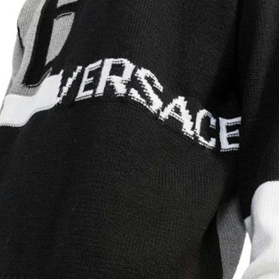 VERSACE FW22 Logo Intarsia Crewneck Sweater Wol Hitam 1005715-1A04088-2B070 Details for VERSACE FW22 Logo Intarsia Crewneck Sweater Wol Hitam 1005715-1A04088-2B070