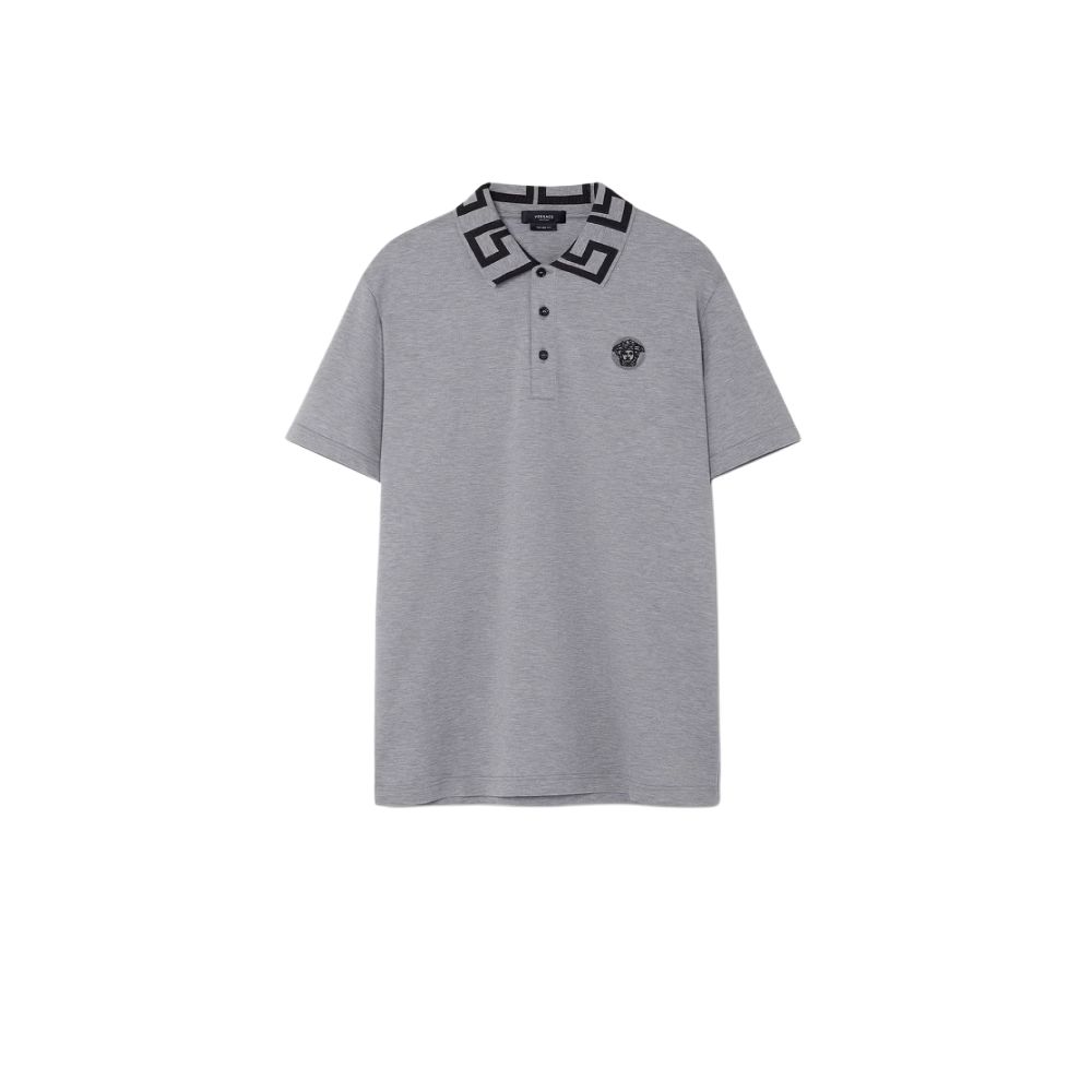 VERSACE FW22 Logo Print Slim Fit Short Sleeve Polo Shirt Men Grey A89492-1A04867-2E100