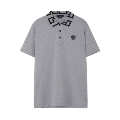 VERSACE FW22 Logo Print Slim Fit Short Sleeve Polo Shirt Men Grey A89492-1A04867-2E100