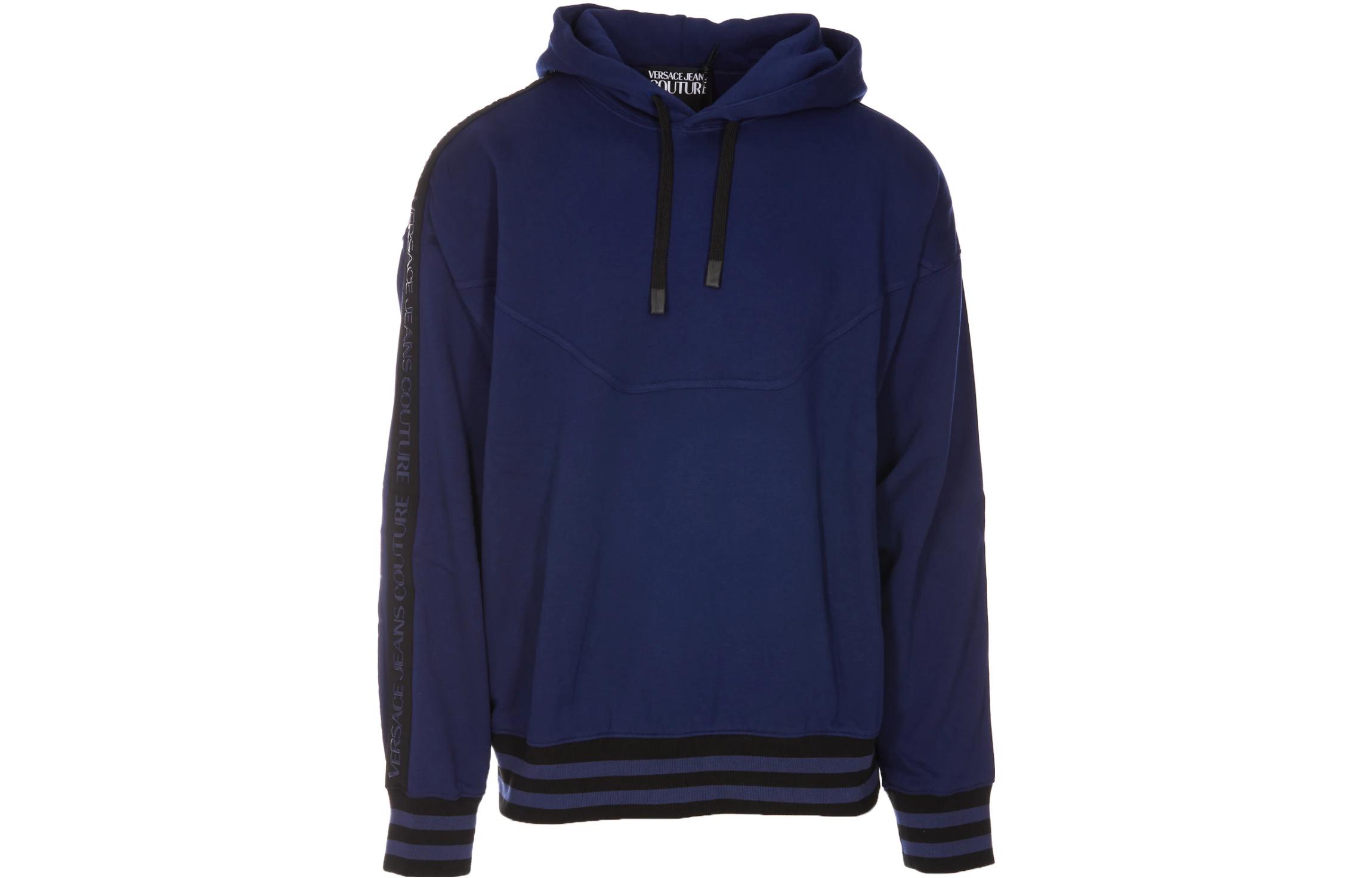 Versace FW22 Logo Tape Striped Pullover Hoodie Blue Mens 73GAI317-F0002-259