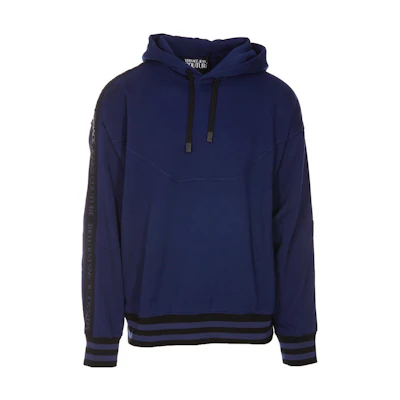 Versace FW22 Logo Tape Striped Pullover Hoodie Blue Mens 73GAI317-F0002-259