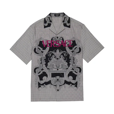 VERSACE FW22 Pattern Logo Printed Short Sleeve Shirt Men’s Blue Gray 1006067-1A04361-5B040