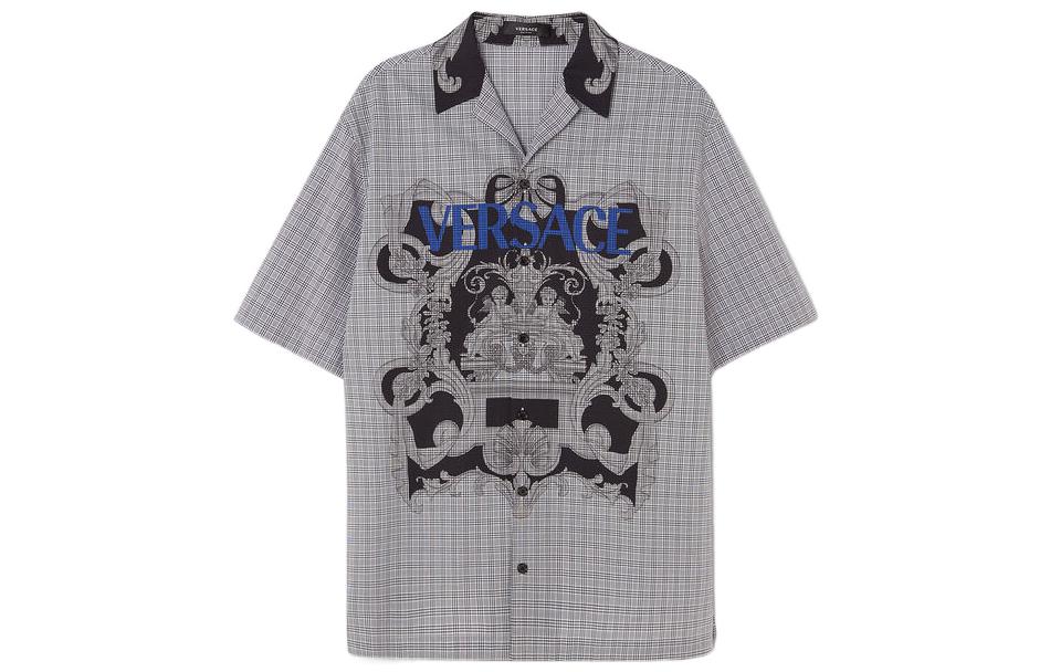 Order VERSACE FW22 Kemeja Corak Logo Lengan Pendek Lelaki Biru Kelabu 1006067-1A04361-5B040