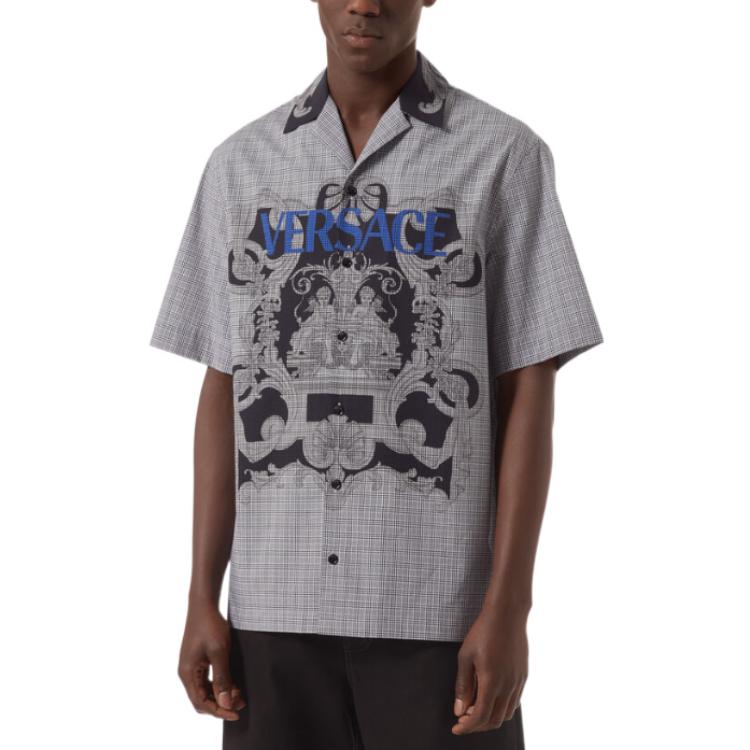 Shop VERSACE FW22 Kemeja Corak Logo Lengan Pendek Lelaki Biru Kelabu 1006067-1A04361-5B040