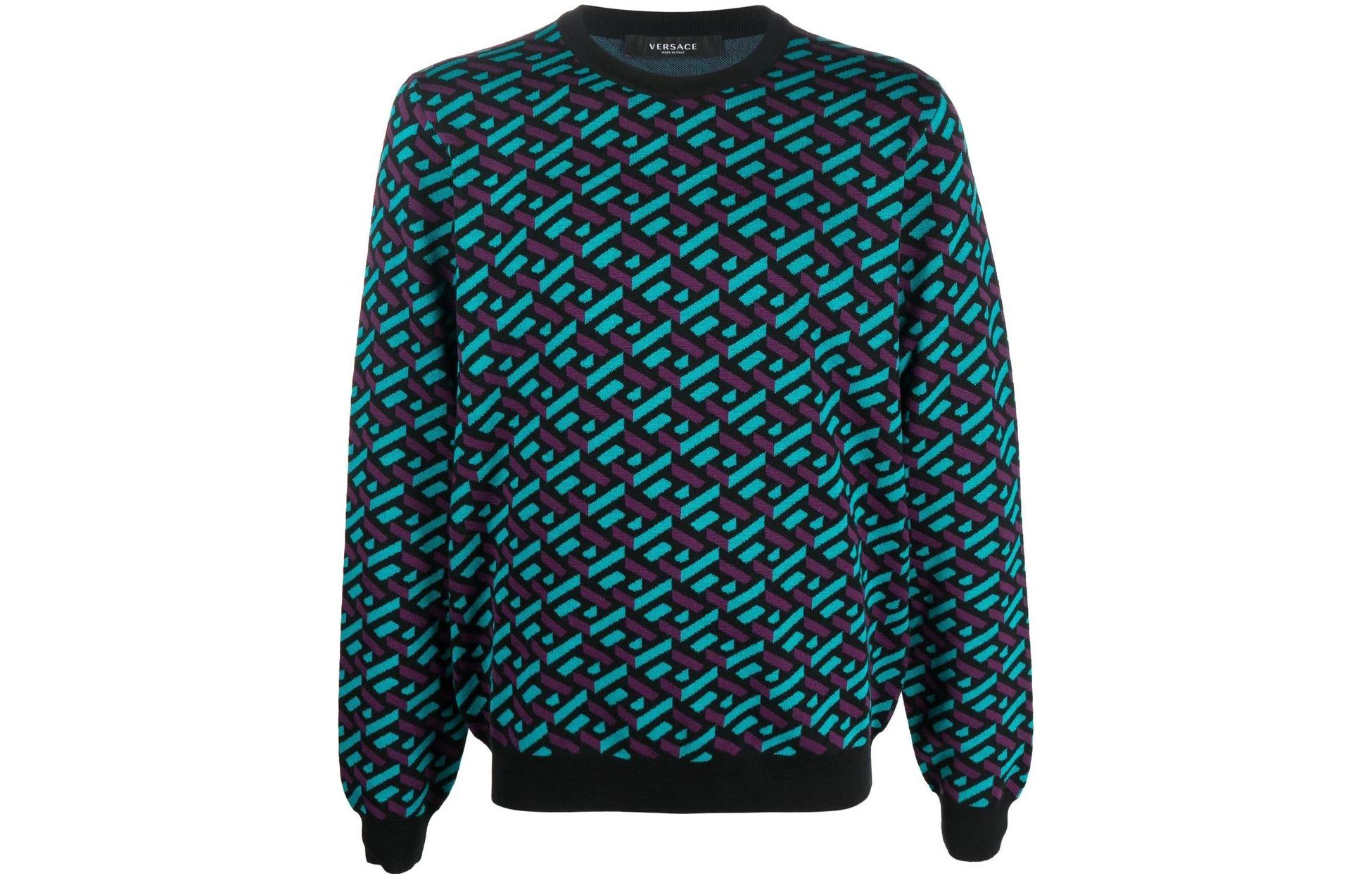 Buy VERSACE FW22 藍色圖案羊毛針織圓領毛衣。 1006226-1A04888-5G320