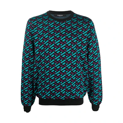 VERSACE FW22 Patterned Wool Knit Crewneck Sweater Blue (). 1006226-1A04888-5G320