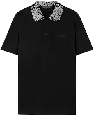 VERSACE FW22 Kaos Polo Hitam Lengan Pendek Pria dengan Detail Stud. 1008502-1A06080-1B000 Order VERSACE FW22 Kaos Polo Hitam Lengan Pendek Pria dengan Detail Stud. 1008502-1A06080-1B000