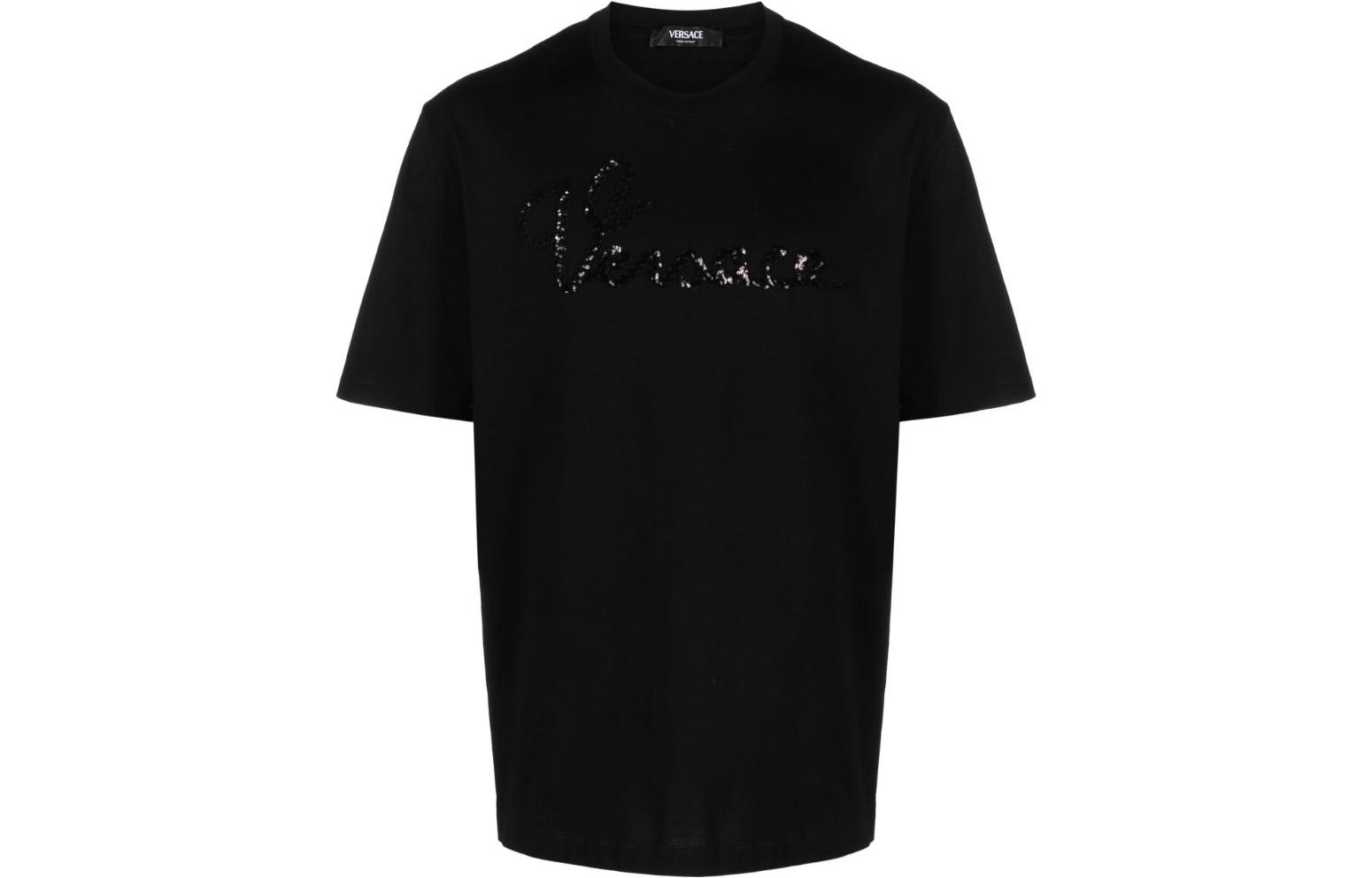 VERSACE FW23  Black Crewneck T-Shirt with Rhinestone Detailing. 1013302-1A09869-1B000