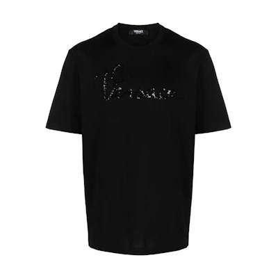 VERSACE FW23 Black Crewneck T-Shirt with Rhinestone Detailing. 1013302-1A09869-1B000