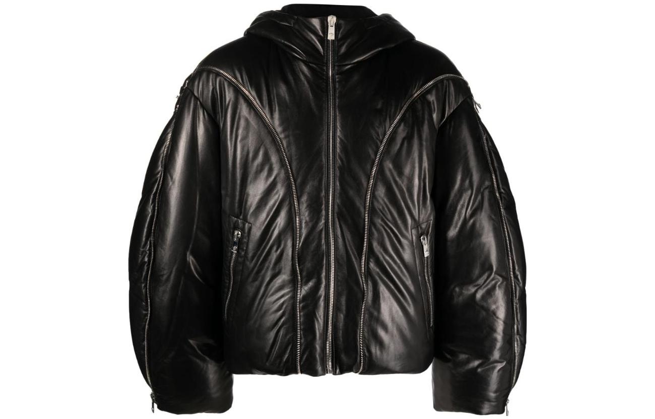 VERSACE FW23  Black Hooded Leather Down Jacket with Zipper. 1012170-1A08775-1B000