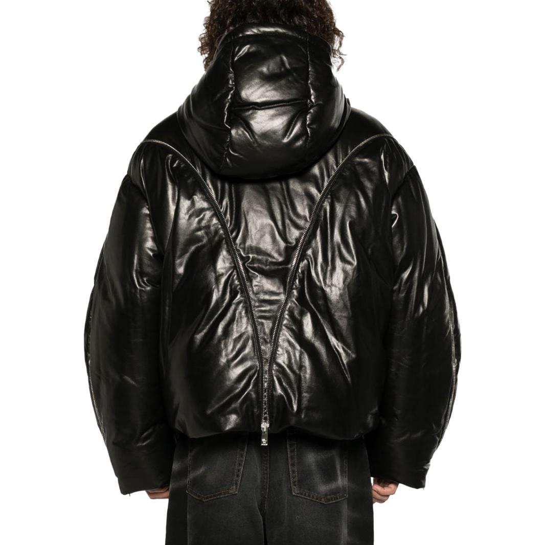 Shop VERSACE FW23  Black Hooded Leather Down Jacket with Zipper. 1012170-1A08775-1B000