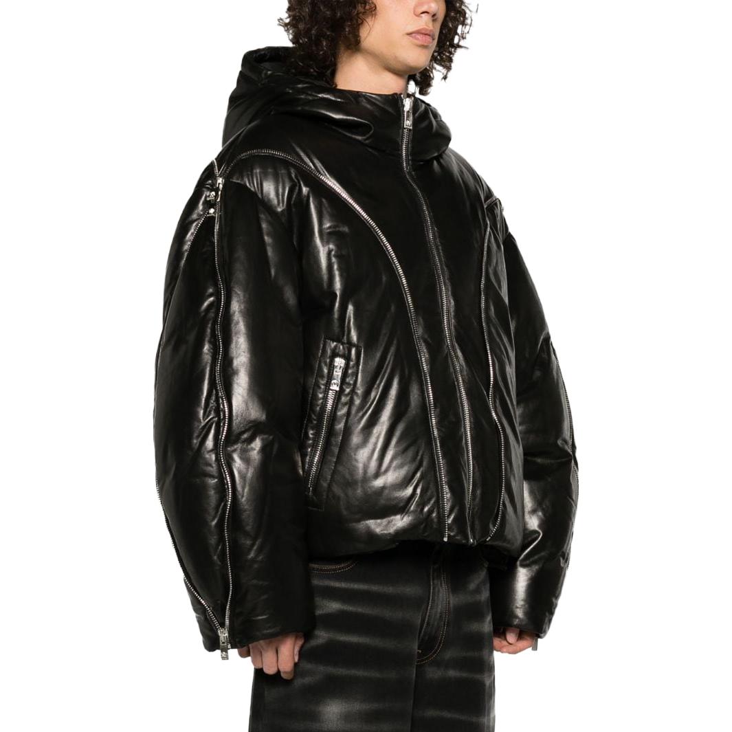 Purchase VERSACE FW23  Black Hooded Leather Down Jacket with Zipper. 1012170-1A08775-1B000