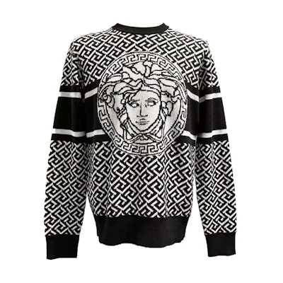 VERSACE FW23 Black Knit Pullover Sweater with Graphic Print. 1012024-1A07316-2B020
