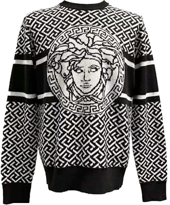VERSACE FW23 Black Knit Pullover Sweater with Graphic Print. 1012024-1A07316-2B020 Order VERSACE FW23 Black Knit Pullover Sweater with Graphic Print. 1012024-1A07316-2B020
