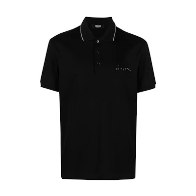 VERSACE FW23 Black Logo Embellished Casual Short Sleeve Polo Shirt. 1013910-1A09839-1B000