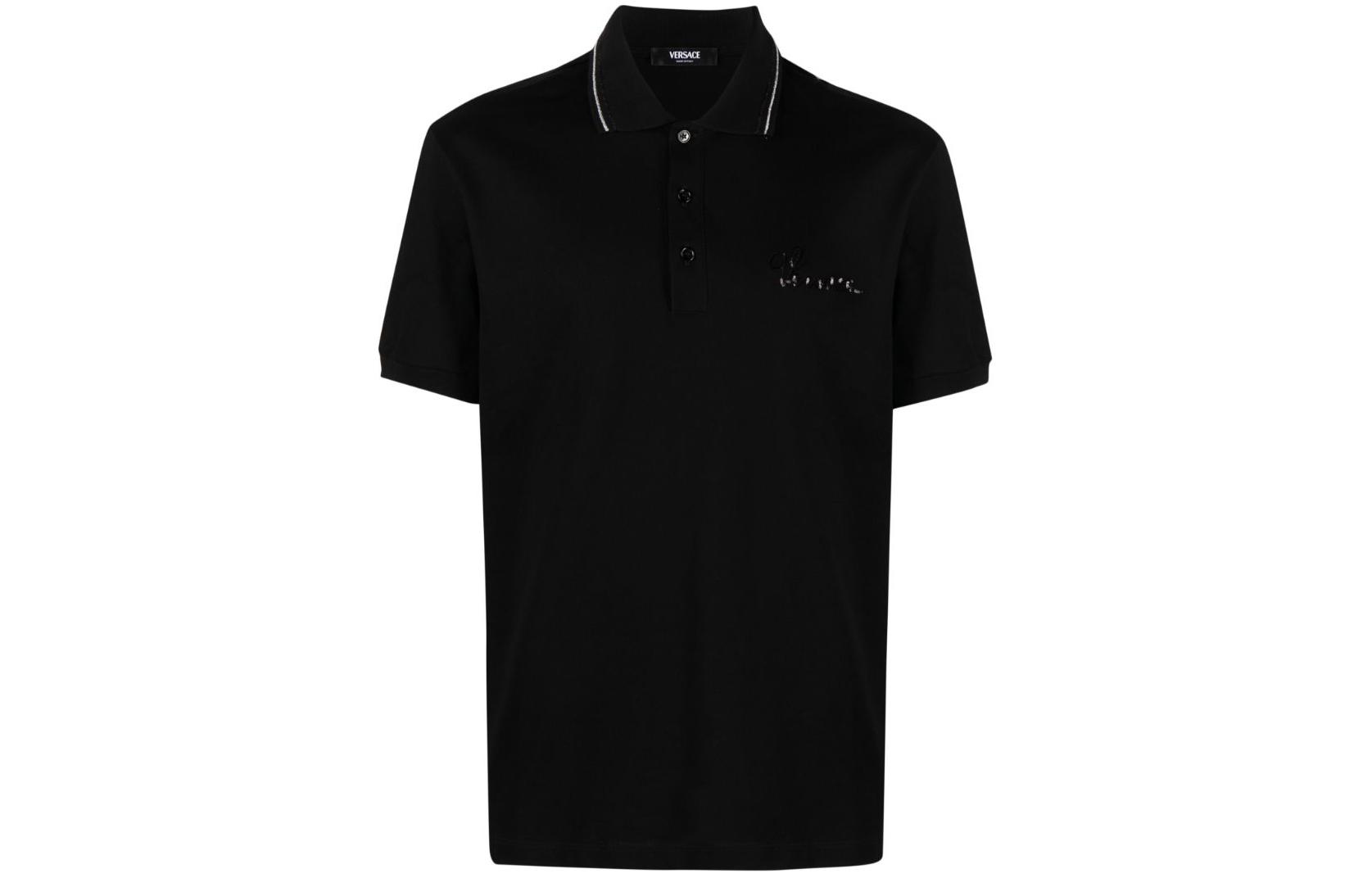 Order VERSACE FW23  Black Logo Embellished Casual Short Sleeve Polo Shirt. 1013910-1A09839-1B000