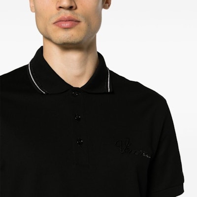 VERSACE FW23 Black Logo Embellished Casual Short Sleeve Polo Shirt. 1013910-1A09839-1B000 Details for VERSACE FW23 Black Logo Embellished Casual Short Sleeve Polo Shirt. 1013910-1A09839-1B000