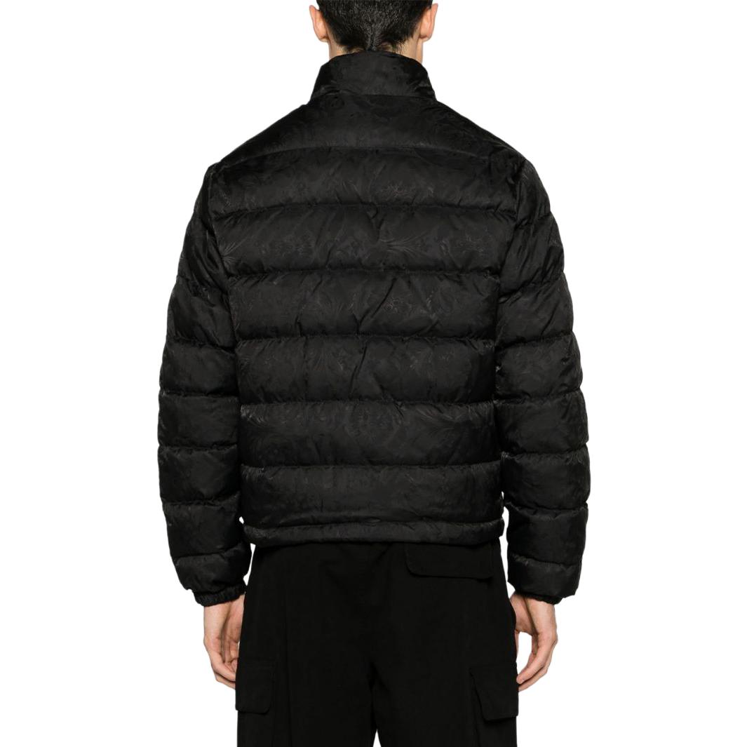 Shop VERSACE FW23  Black Logo Print Long Sleeve Down Jacket 1013537-1A09785-1B000