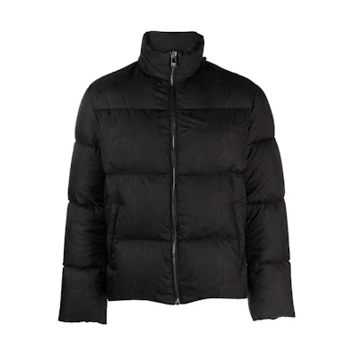 Versace FW23 Black Long Sleeve Down Jacket with Embroidered Lettering. 1013912-1A09785-1B000