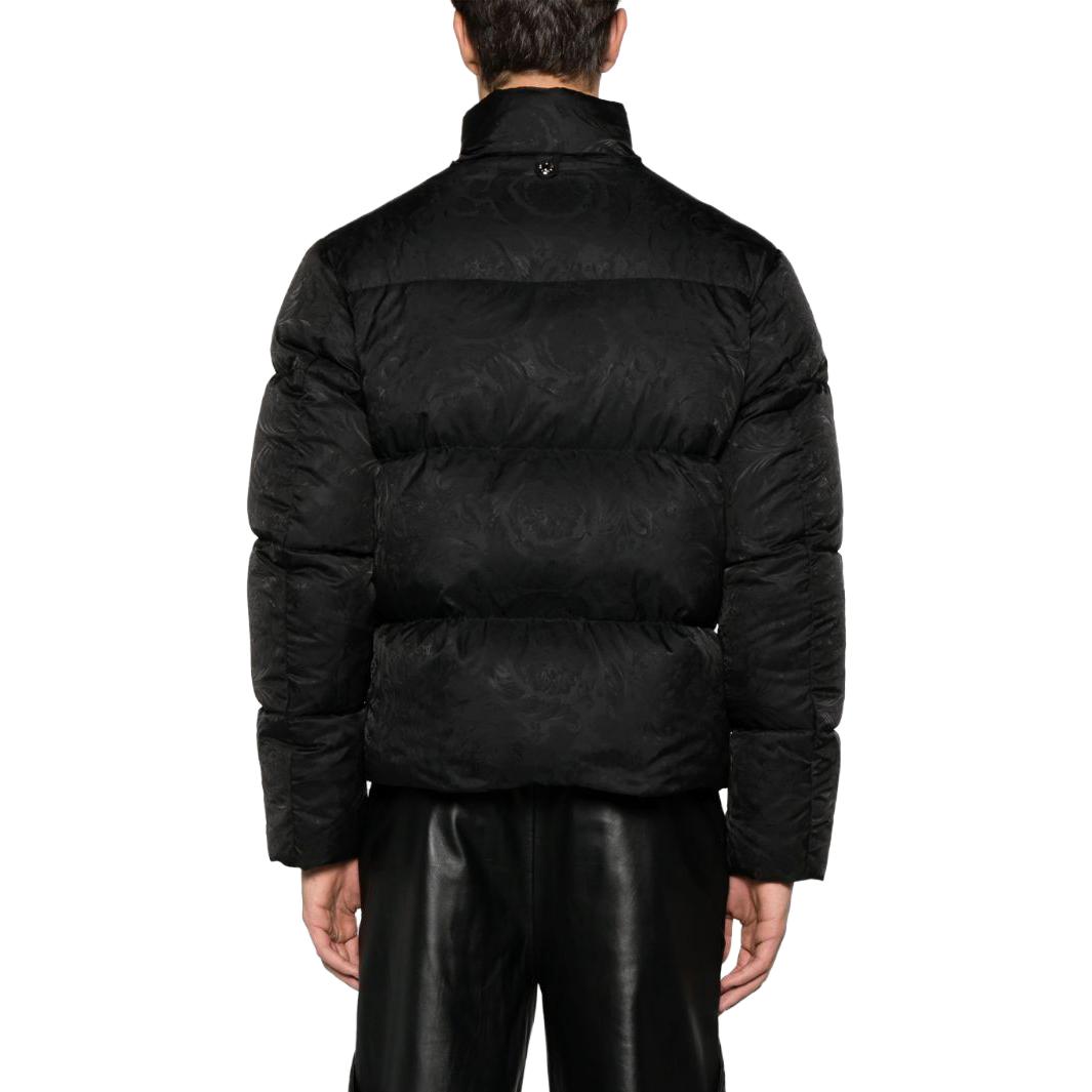 Shop Versace FW23  Black Long Sleeve Down Jacket with Embroidered Lettering. 1013912-1A09785-1B000