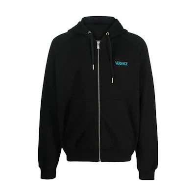VERSACE FW23 Black Zip-Up Hoodie with Embroidered Letter Logo. 1012556-1A09046-1B000