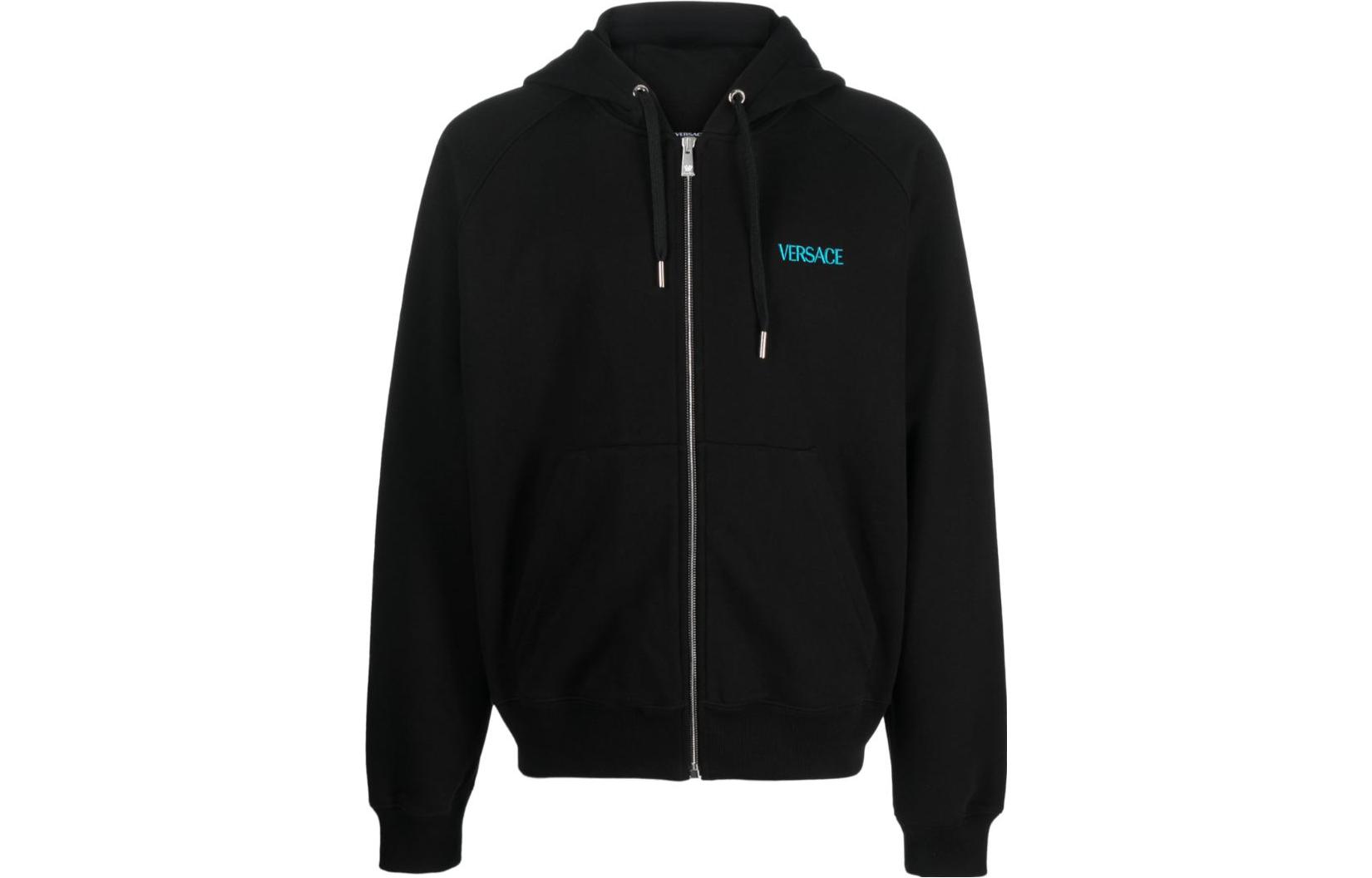 Order 베르사체 FW23 블랙 로고 자수 집업 후디. 1012556-1A09046-1B000