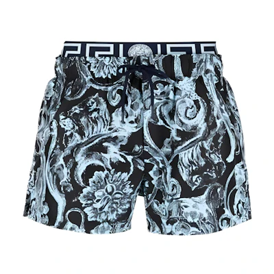 VERSACE FW23 Blue Floral Print Elastic Straight-Leg Swim Shorts. 1007841-1A09915-5U970