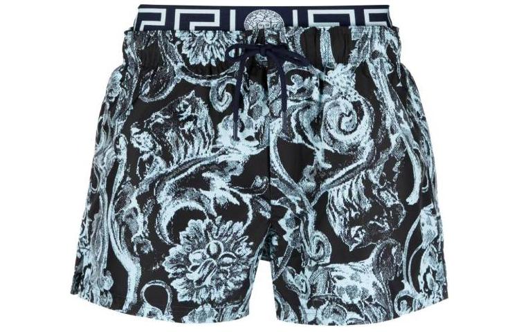 Order ヴェルサーチ FW23 ブルーフローラルプリント エラスティック ストレートレッグ水着ショーツ 1007841-1A09915-5U970