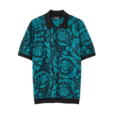 VERSACE FW23 Blue Short Sleeve Casual Graphic Print Polo Shirt 1012387-1A07612-2BJ40
