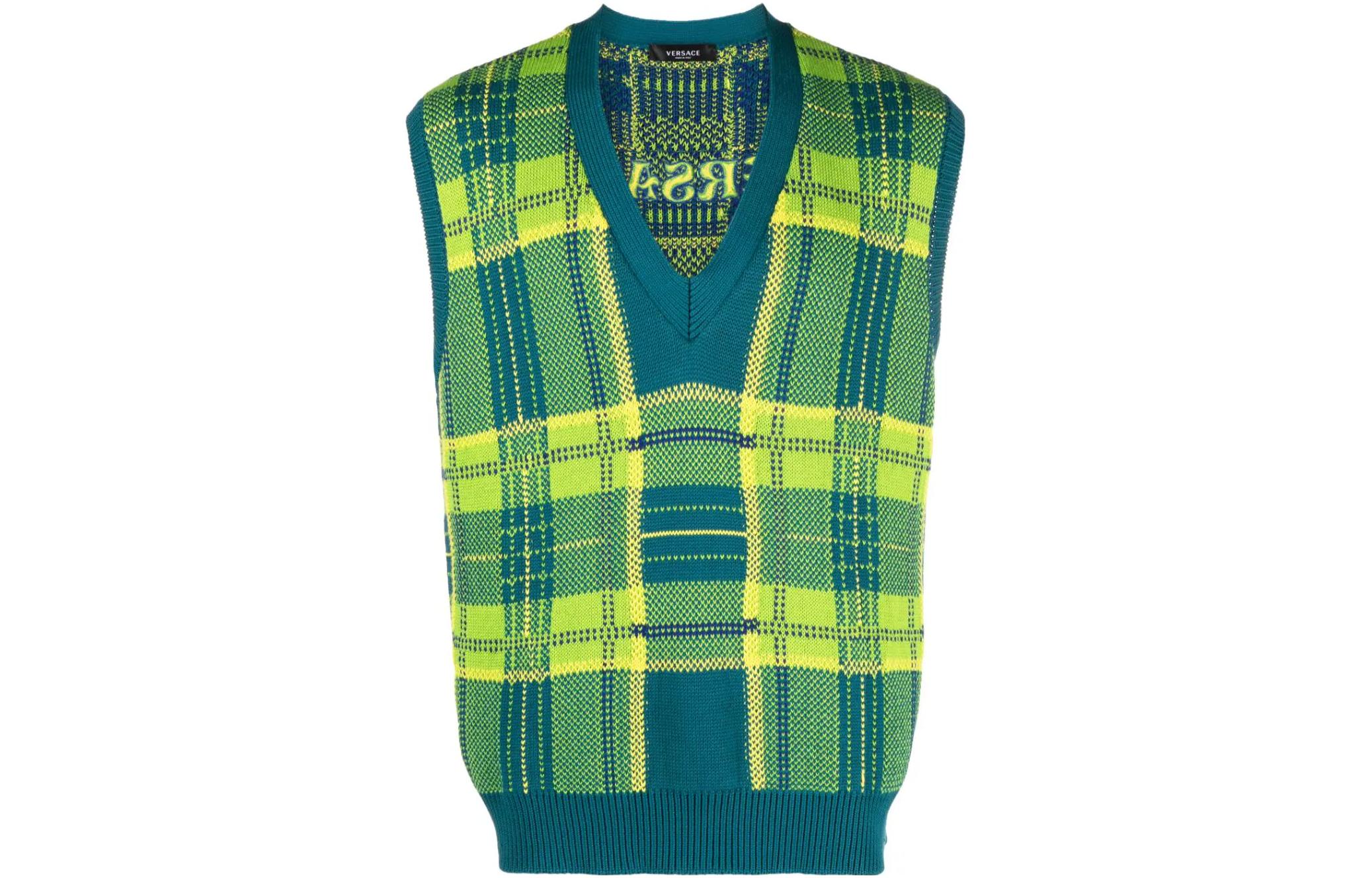 Buy VERSACE FW23 格紋V領無袖毛衣 1009928-1A07143-2VA90