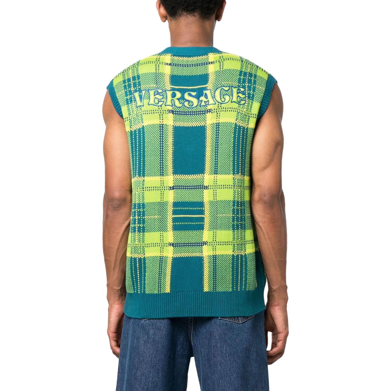 Shop VERSACE FW23 格紋V領無袖毛衣 1009928-1A07143-2VA90