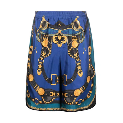 VERSACE FW23 Colorblock Print Mid-Rise Straight Casual Shorts Blue 1002476-1A07425-5U180