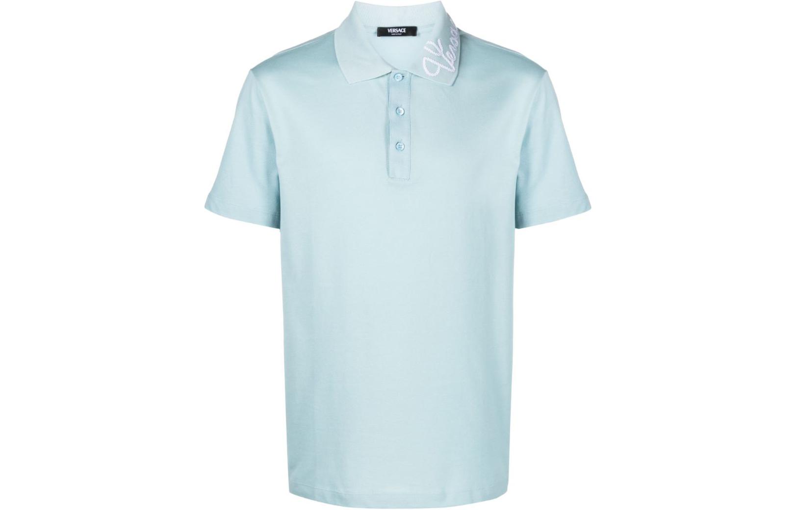 VERSACE FW23  Logo Embroidered Button-Up Polo Shirt Blue 1013906-1A09798-1VD50