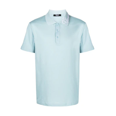 VERSACE FW23 Logo Embroidered Button-Up Polo Shirt Blue 1013906-1A09798-1VD50