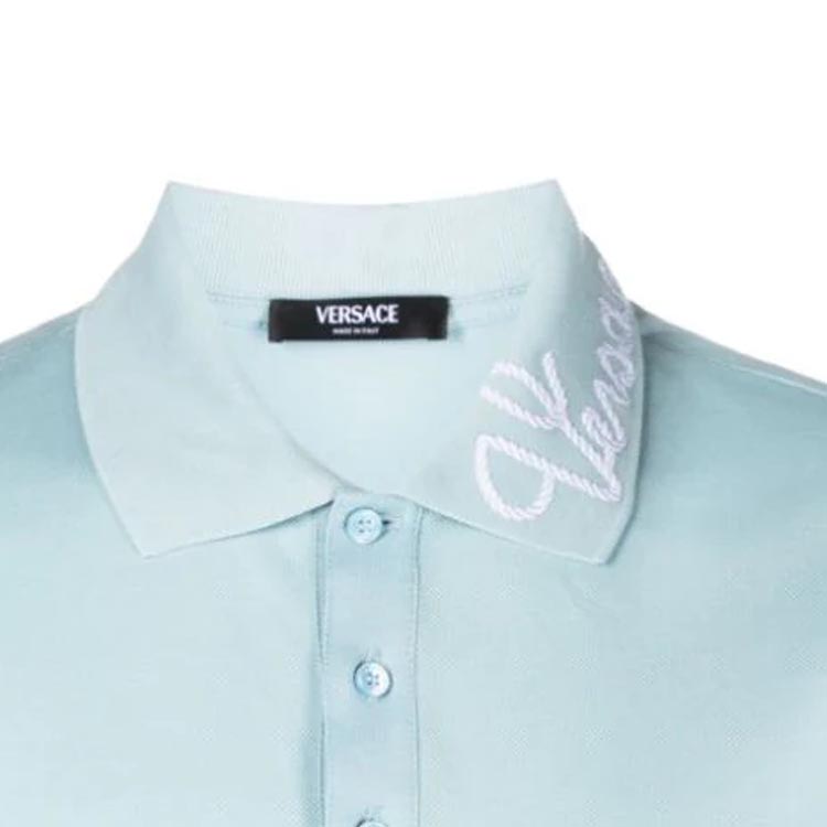 Shop VERSACE FW23  Logo Embroidered Button-Up Polo Shirt Blue 1013906-1A09798-1VD50