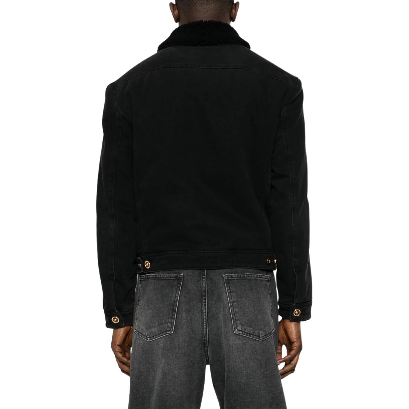 Shop VERSACE FW23  Slim Fit Black Denim Jacket with Turn-Down Collar 1013899-1A09587-1D510