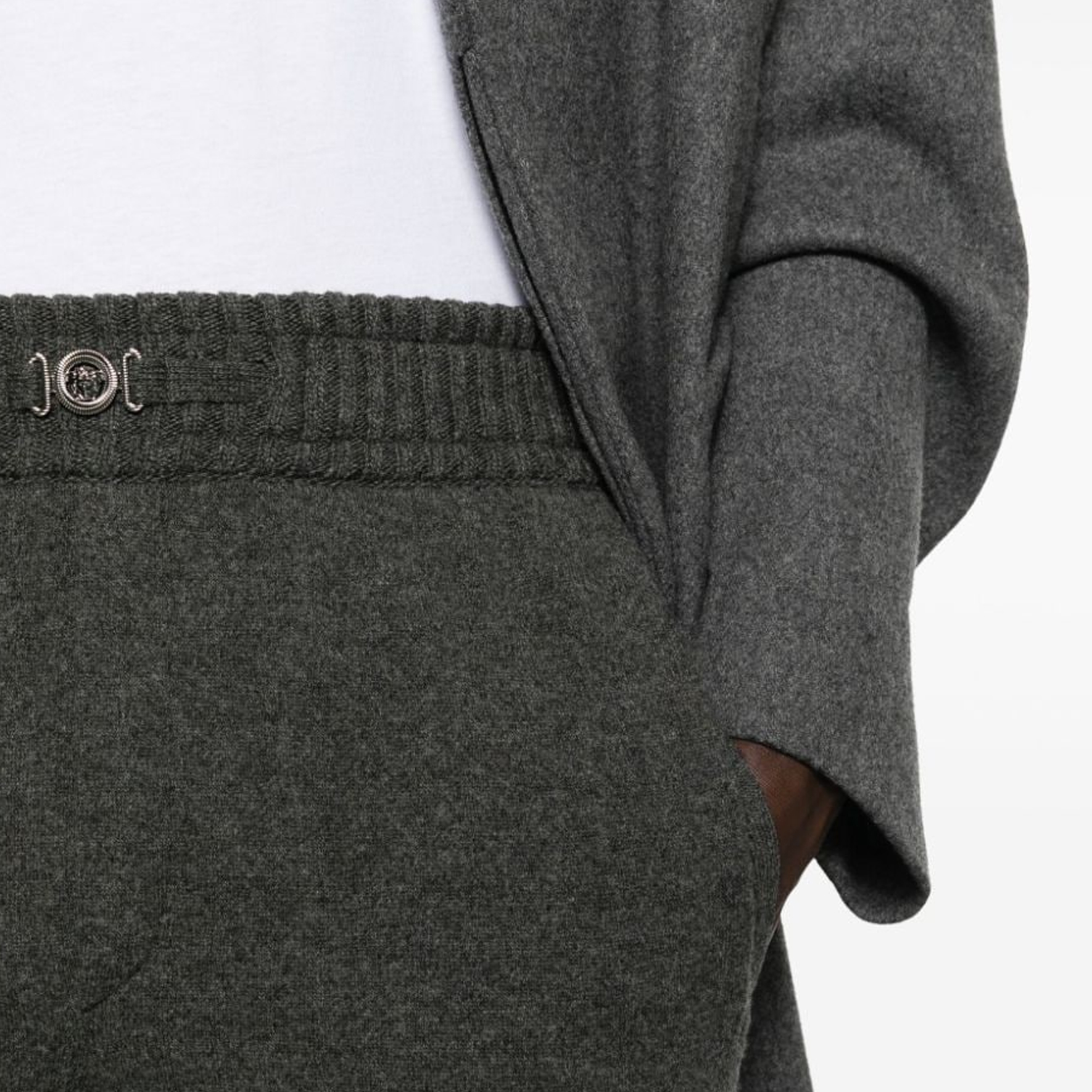 Details for VERSACE FW23  Slim Fit Knit Joggers with Logo Detail in Charcoal Grey. 1013622-1A09601-1E880